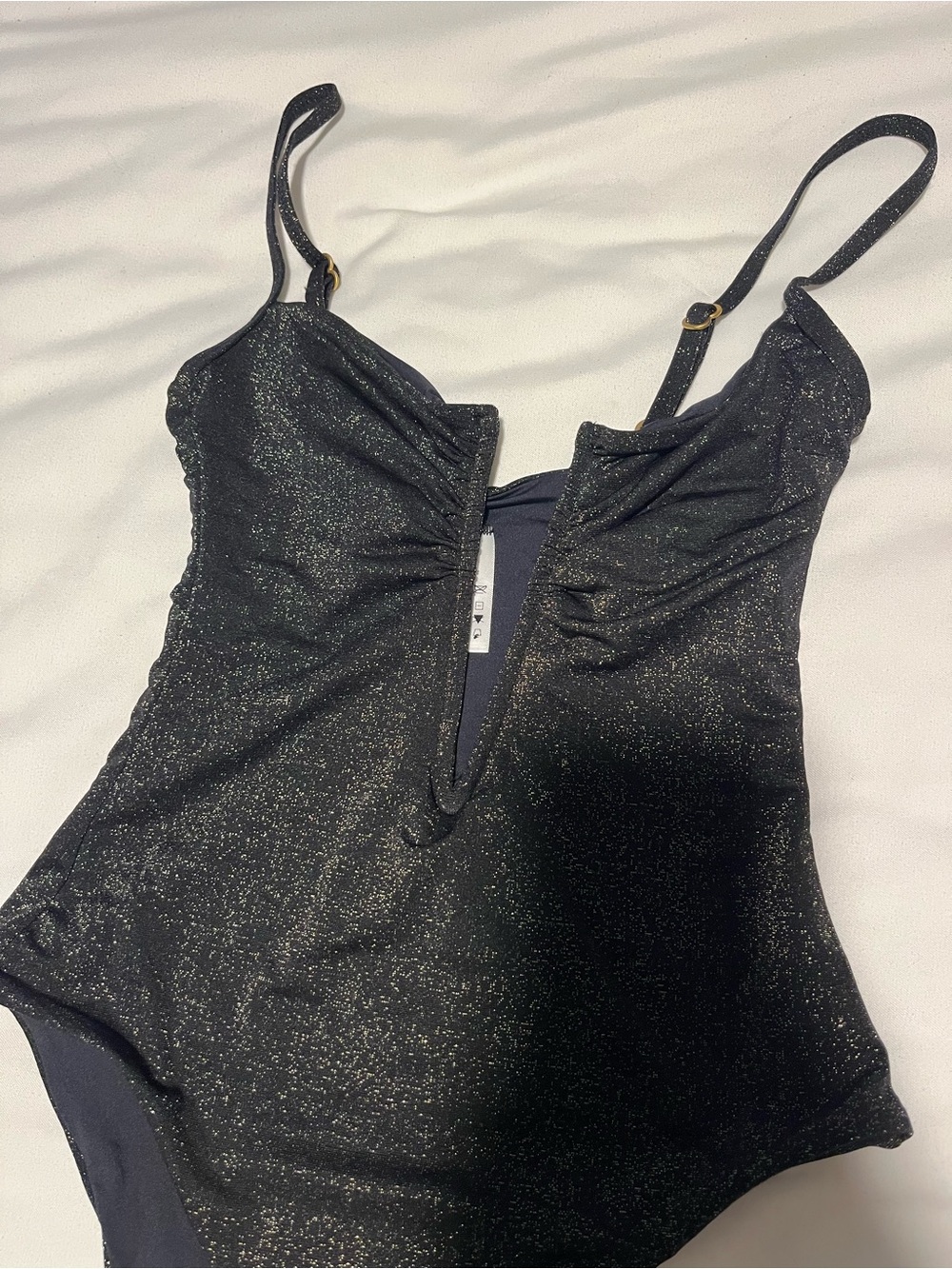 L*Space Black Sparkle Deep V-Neck Women's One Piece Swimsuit/Bodysuit